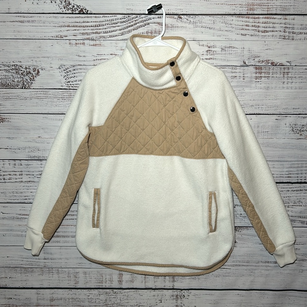 Abercrombie & Fitch Asymmetrical Snap Up Fleece Sweatshirt White and Tan Small - Picture 2 of 16